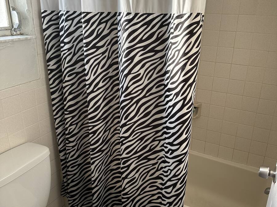 A bathroom with a zebra-patterned shower curtain, a white toilet, and a bathtub with a white towel.