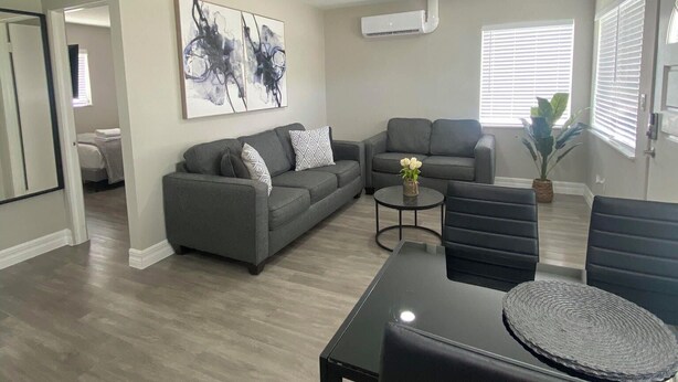A modern living room with a gray sofa, a coffee table, and a dining table with chairs. There is a painting on the wall and an air conditioning unit above the sofa. - Looking in Orlando / Kissimmee great Location 2/1  (Kissimmee)