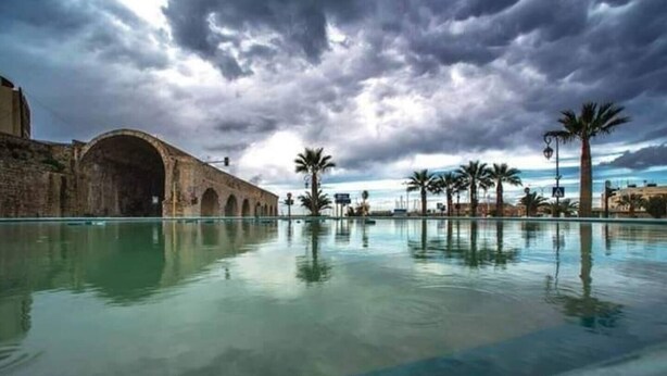 En swimmingpool med en stengang, palmer og en overskyet himmel.