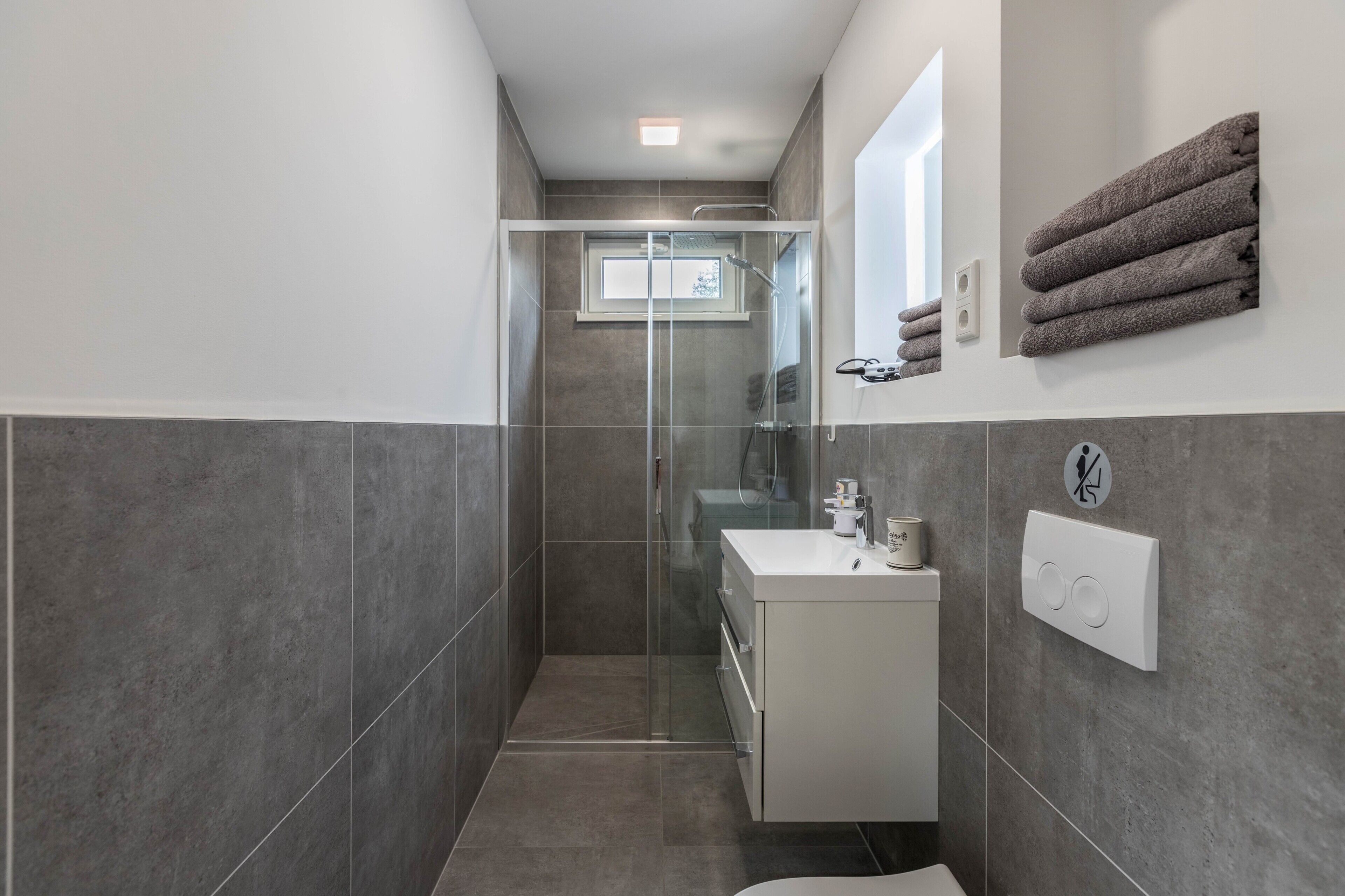 Shower, hair dryer, towels