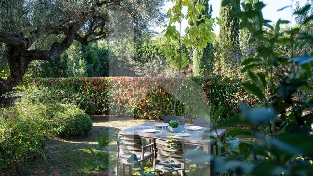 Un espace de restauration en plein air avec une table dressée pour quatre personnes, entouré d’une végétation luxuriante et d’arbres.