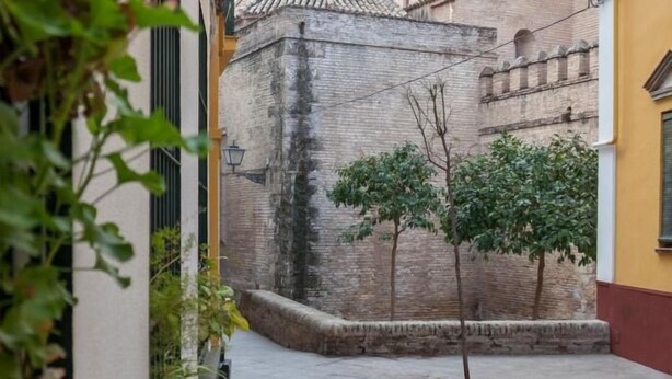 A narrow alleyway with a brick wall, a small tree, and a yellow building. - Ruiz Gijón Elegant and modern in the most authentic Seville (sevilla)