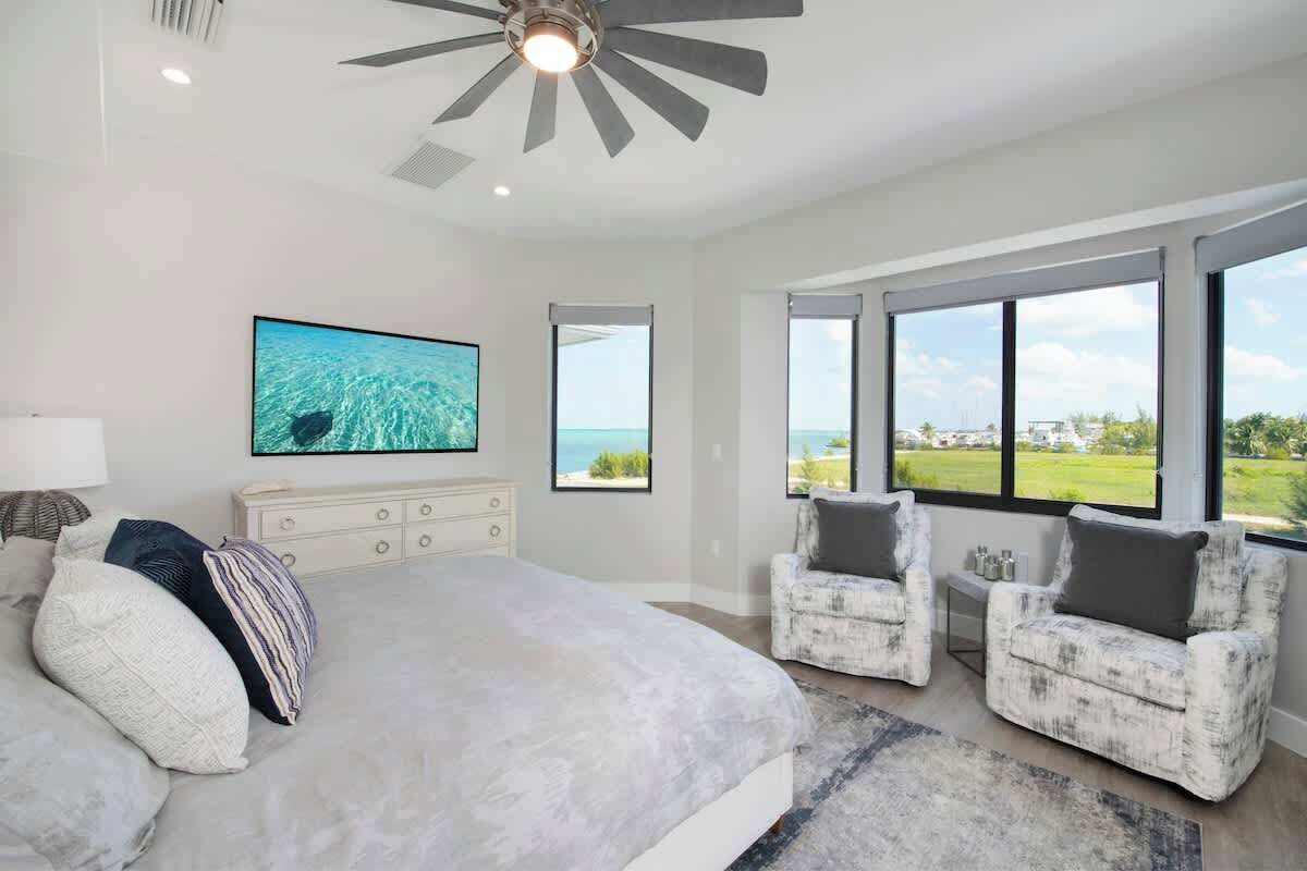 A bedroom with a large bed, two armchairs, a TV, and a view of the outdoors.