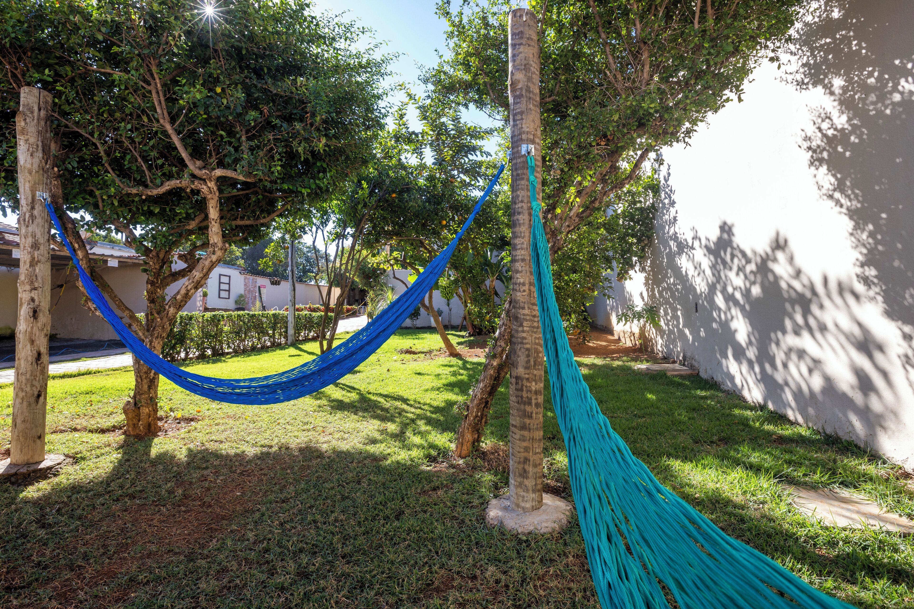 A hammock between trees in a grassy area with a white building in the background.