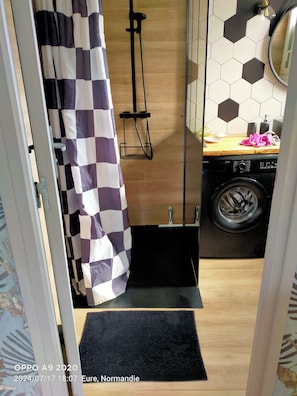Regadera, secadora de cabello, toallas, papel de baño