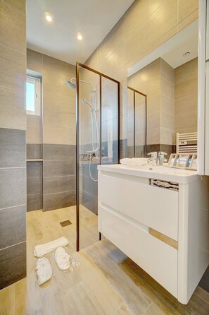 Shower, hair dryer, towels