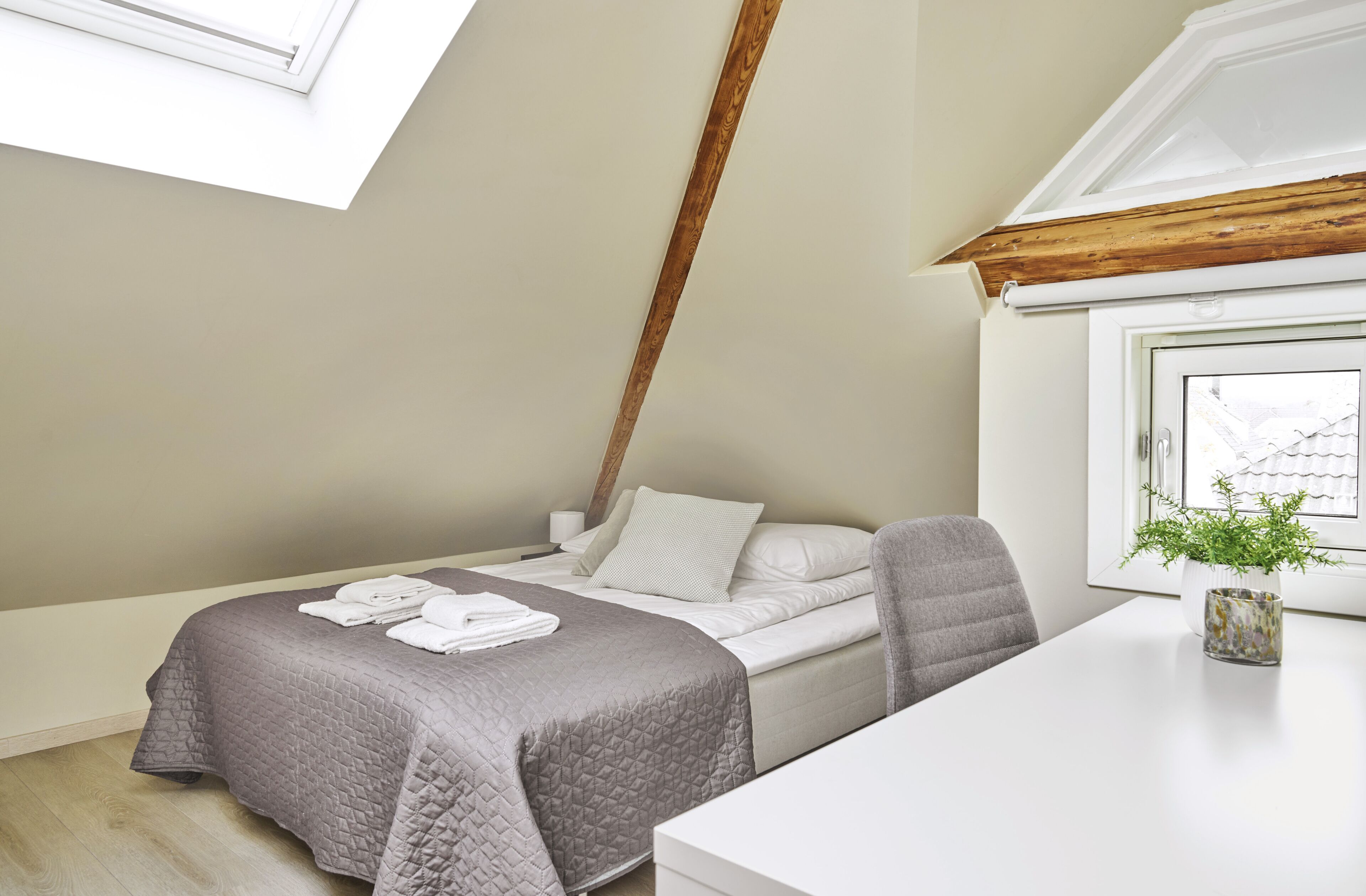 Un dormitorio con cama, escritorio, silla y ventana con una planta.