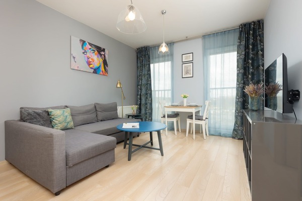 A modern living room with a gray sofa and blue accents, well-lit by natural light.