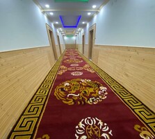 Un pasillo con alfombra roja de diseño de tigre, paneles de madera en las paredes e iluminación empotrada.