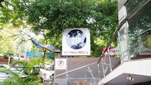 A hotel sign with a zebra and a tree, surrounded by parked cars and greenery. - Zip By Spree Hotels Delhi Greater Kailash (New Delhi)