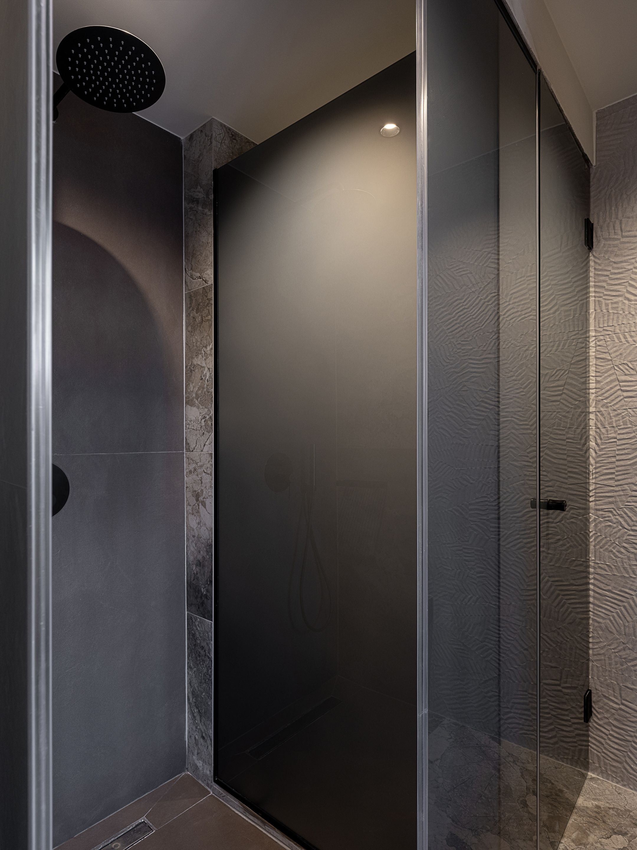 Un box de ducha moderno con puerta de vidrio satinado, un cabezal de ducha de mano y pared con textura.