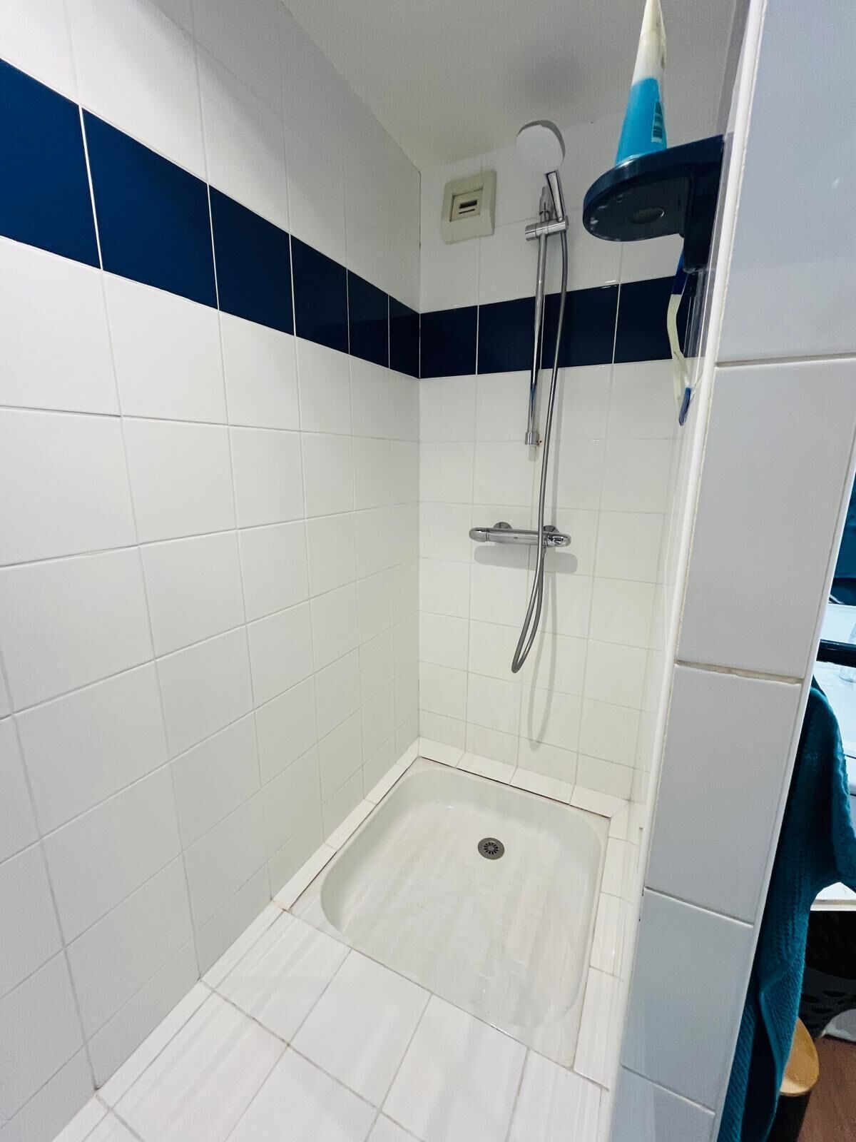 Un espace douche avec des carreaux blancs et bleus, une douchette et un robinet fixé au mur.