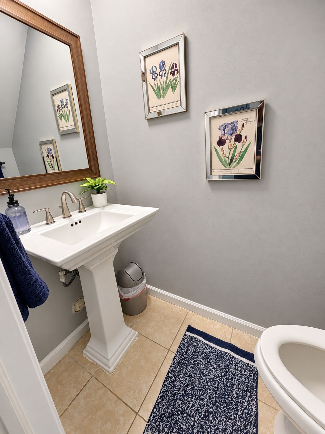 Een badkamer met een wit wastafelmeubel, een spiegel, een potplant en ingelijste botanische prints aan de muur.