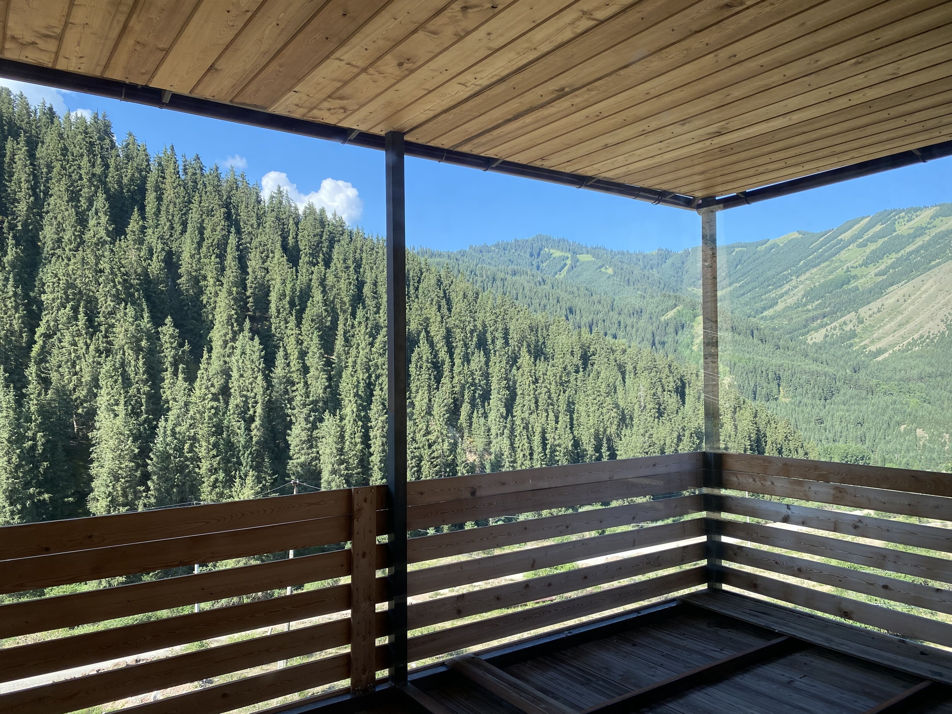 Una terraza de madera con vistas a un bosque denso y montañas.