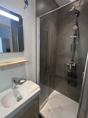 Shower, towels, soap, toilet paper