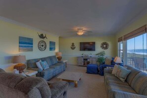 Flat-screen TV - Hobbs Realty - "Salty Kisses" is a beautiful oceanfront home with a private pool. (Holden Beach)