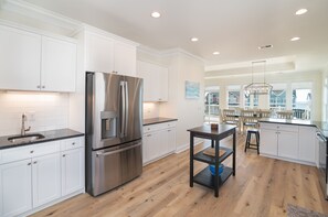 Fridge, microwave, oven, stovetop - Hobbs Realty - Blvd Home w/Heated Pool and Community Day Dock Access (Holden Beach)