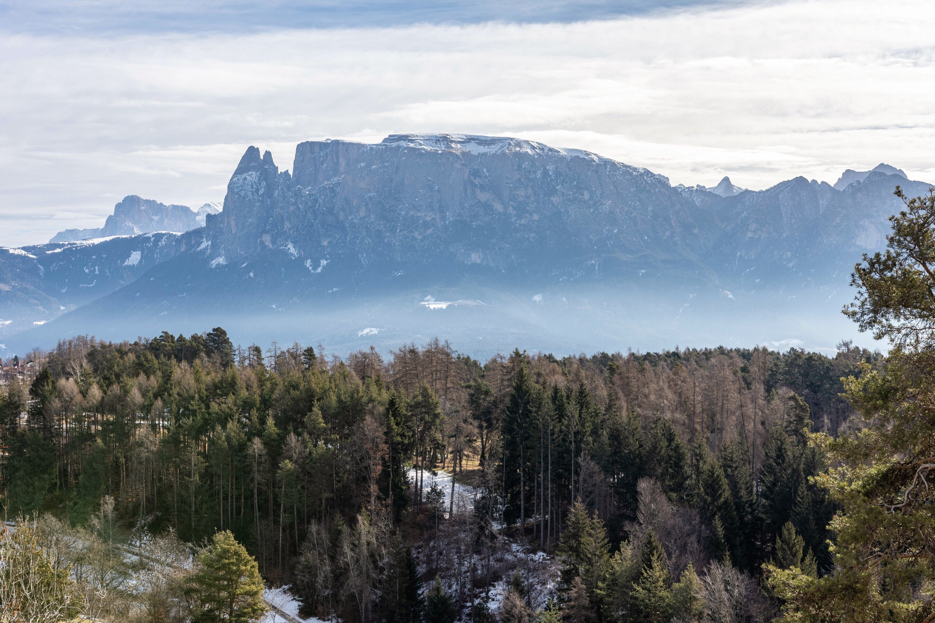 Un paysage montagneux, avec une forêt dense et des sommets enneigés.