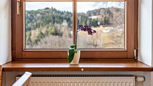 Een raam met uitzicht op een bebost landschap, een potplant op de vensterbank en een radiator eronder.