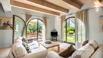 Televisio, takka, DVD-soitin, stereot