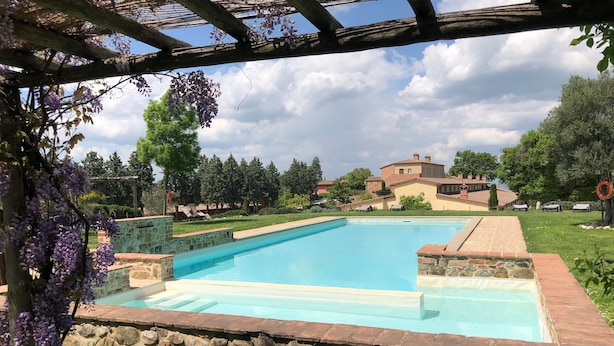 Piscina rectangular con bordes de piedra, rodeada de césped y árboles.