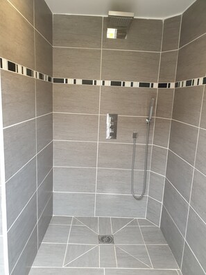 Regadera, bidet, toallas, papel de baño 