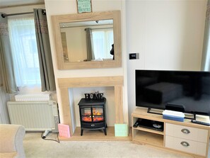 Flat-screen TV, fireplace, DVD player
