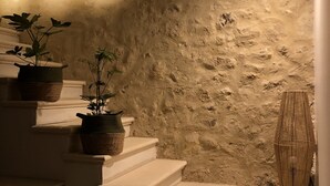 A staircase with a textured wall and potted plants.