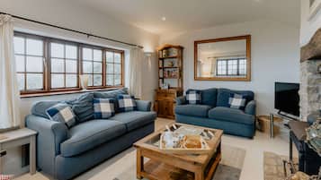 A living room with two blue sofas, a wooden coffee table, a fireplace, and a large mirror.