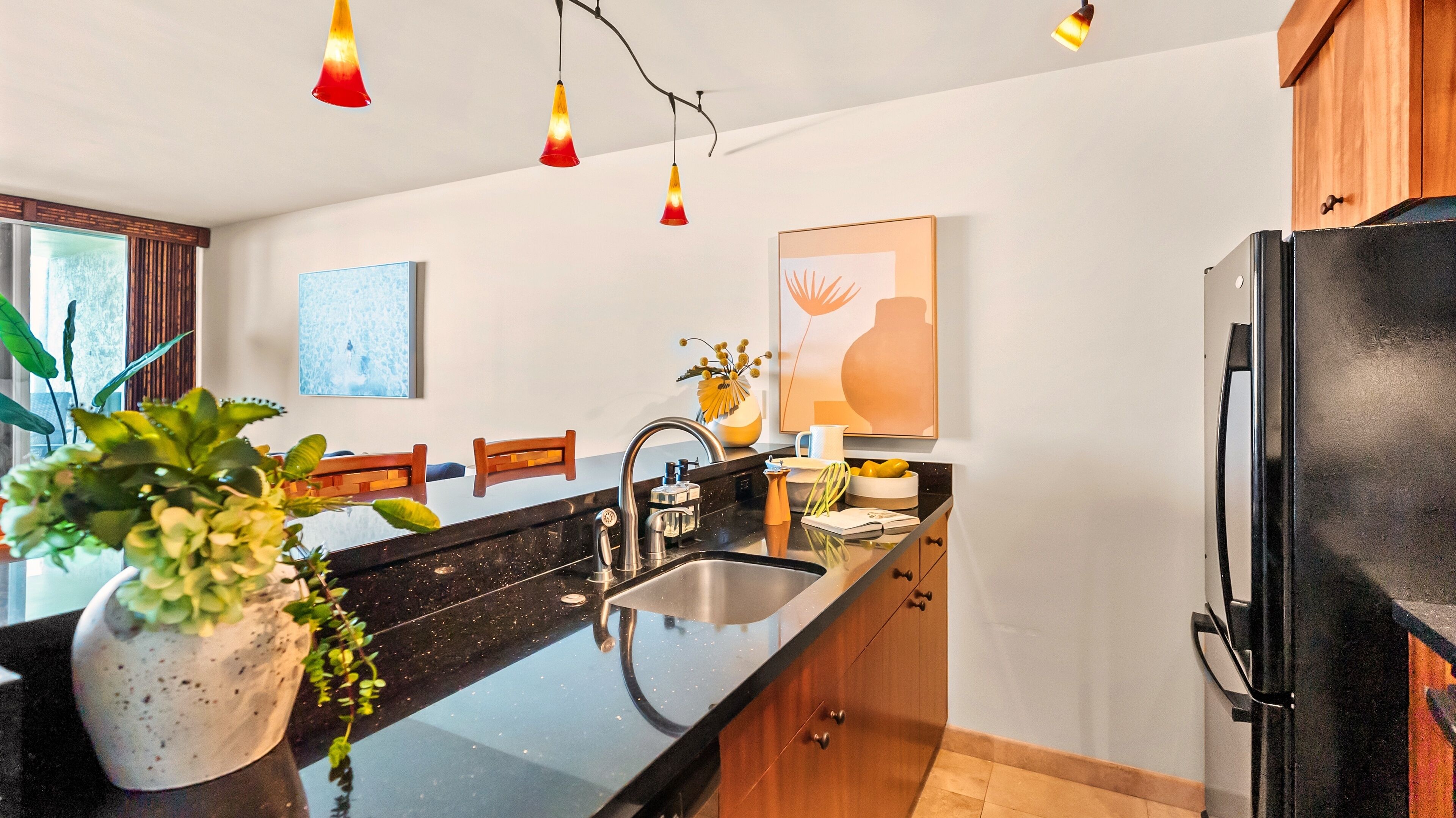 Fridge, oven, stovetop, coffee/tea maker