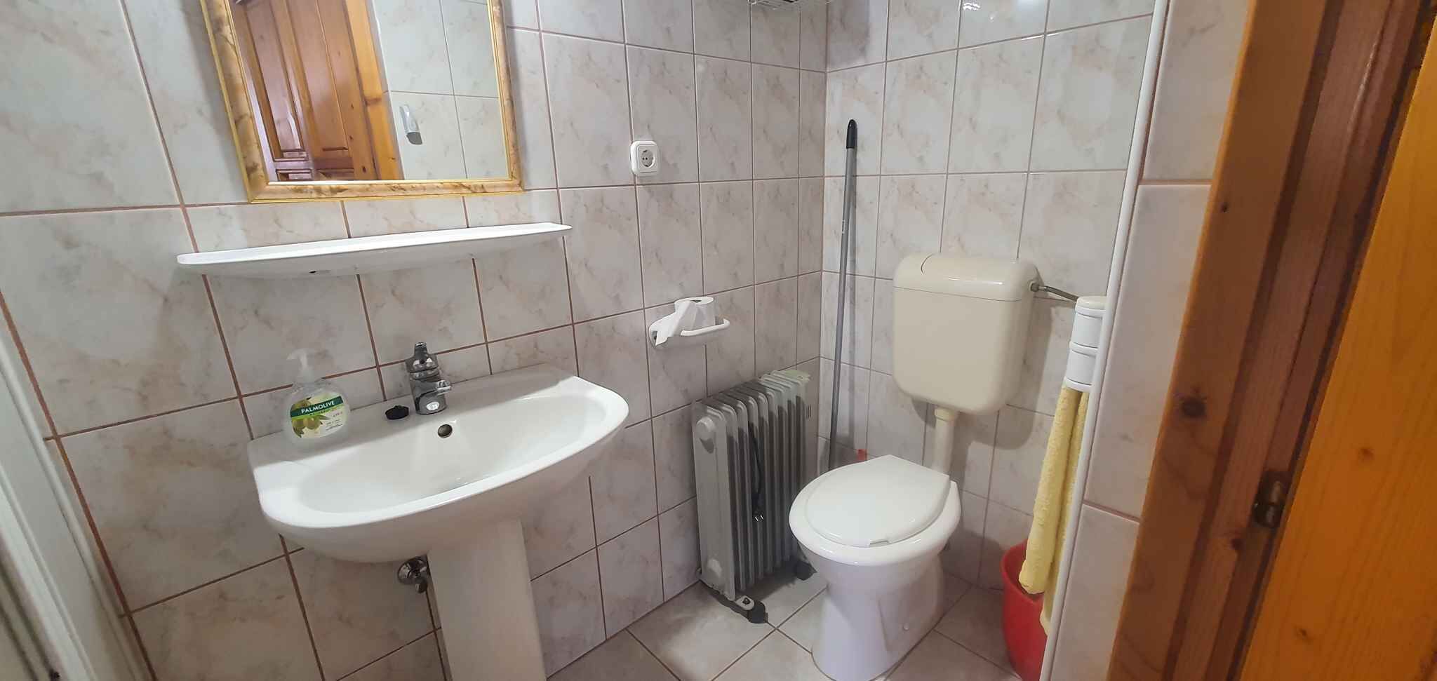 A bathroom with a sink, toilet, and radiator.