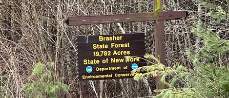 Naamplaatje voor Brusher State Forest, oppervlakte 80,73 hectare, beheerd door de New York Department of Environmental Conservation.
