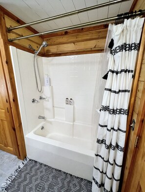 Hair dryer, towels, soap, shampoo