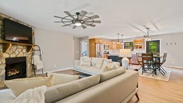 智能电视、壁炉、书、音乐库