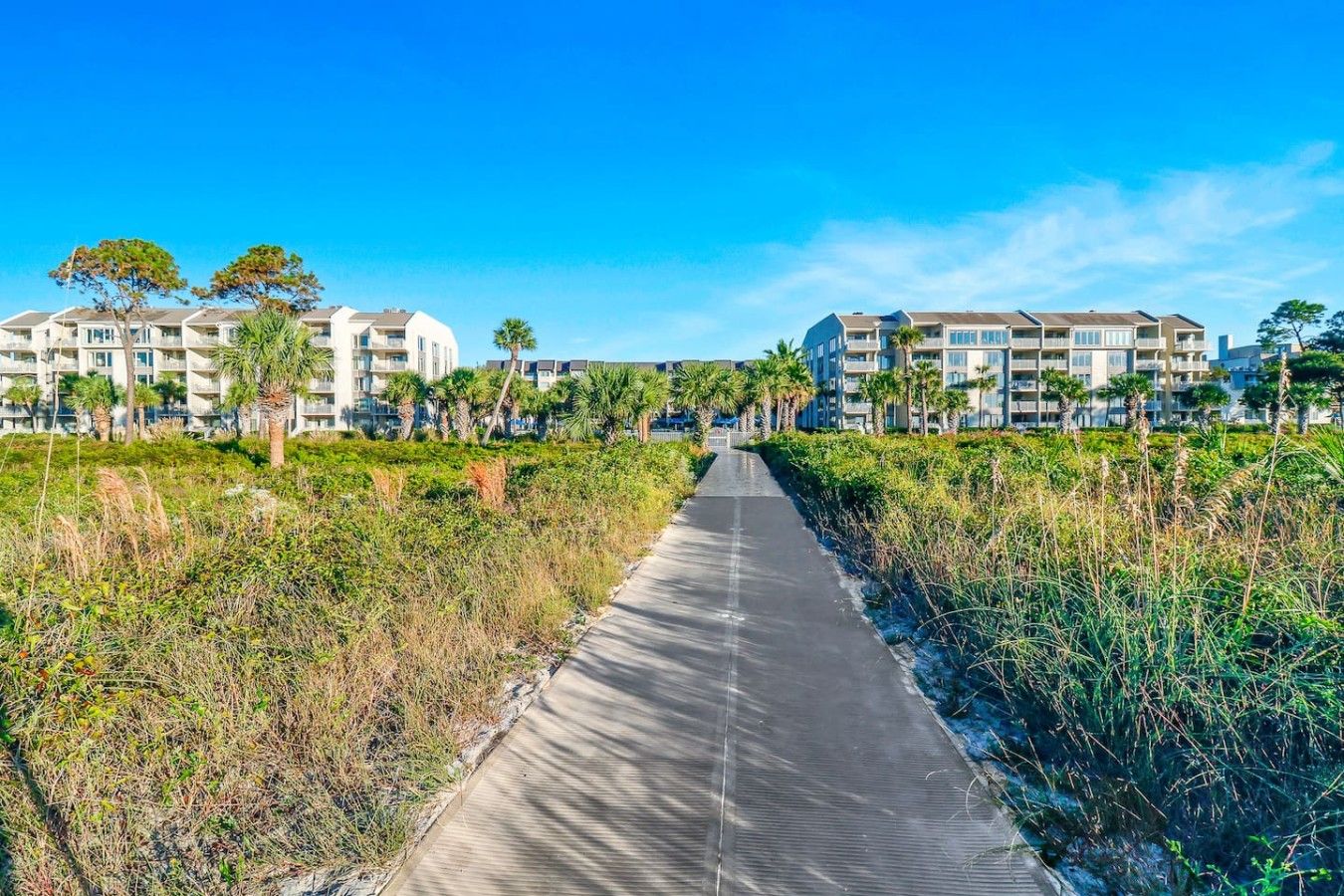 Un chemin menant à un quartier résidentiel composé de plusieurs immeubles d’appartements, entouré de verdure et de palmiers.