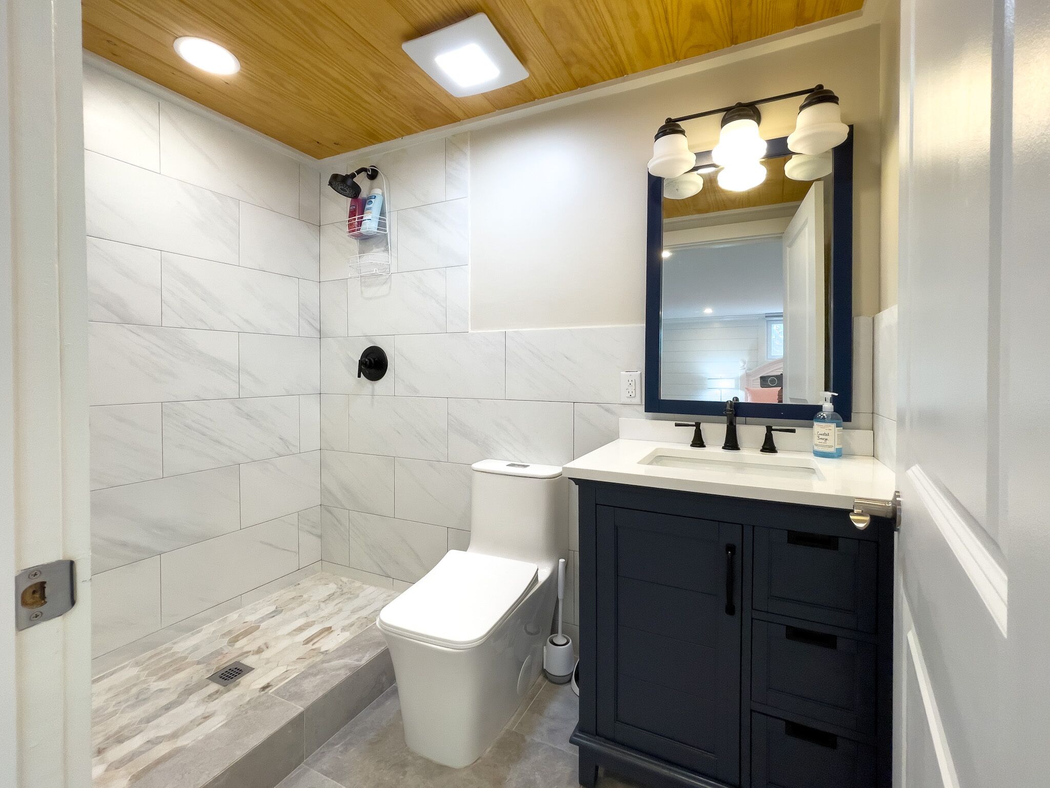 A bathroom with a white toilet, a sink with a mirror above it, and a shower area with a white showerhead.