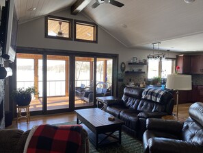 Smart TV, fireplace, books, printers