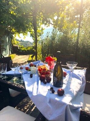 Outdoor dining - PRIVATE ROOM IN VILLA with terrace, various gardens and barbecue. (Perledo)