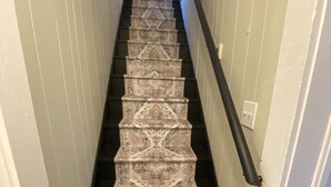 Una escalera con peldaños cubiertos de un diseño de alfombra y barandillas negras, que conduce a una puerta de marco de madera.