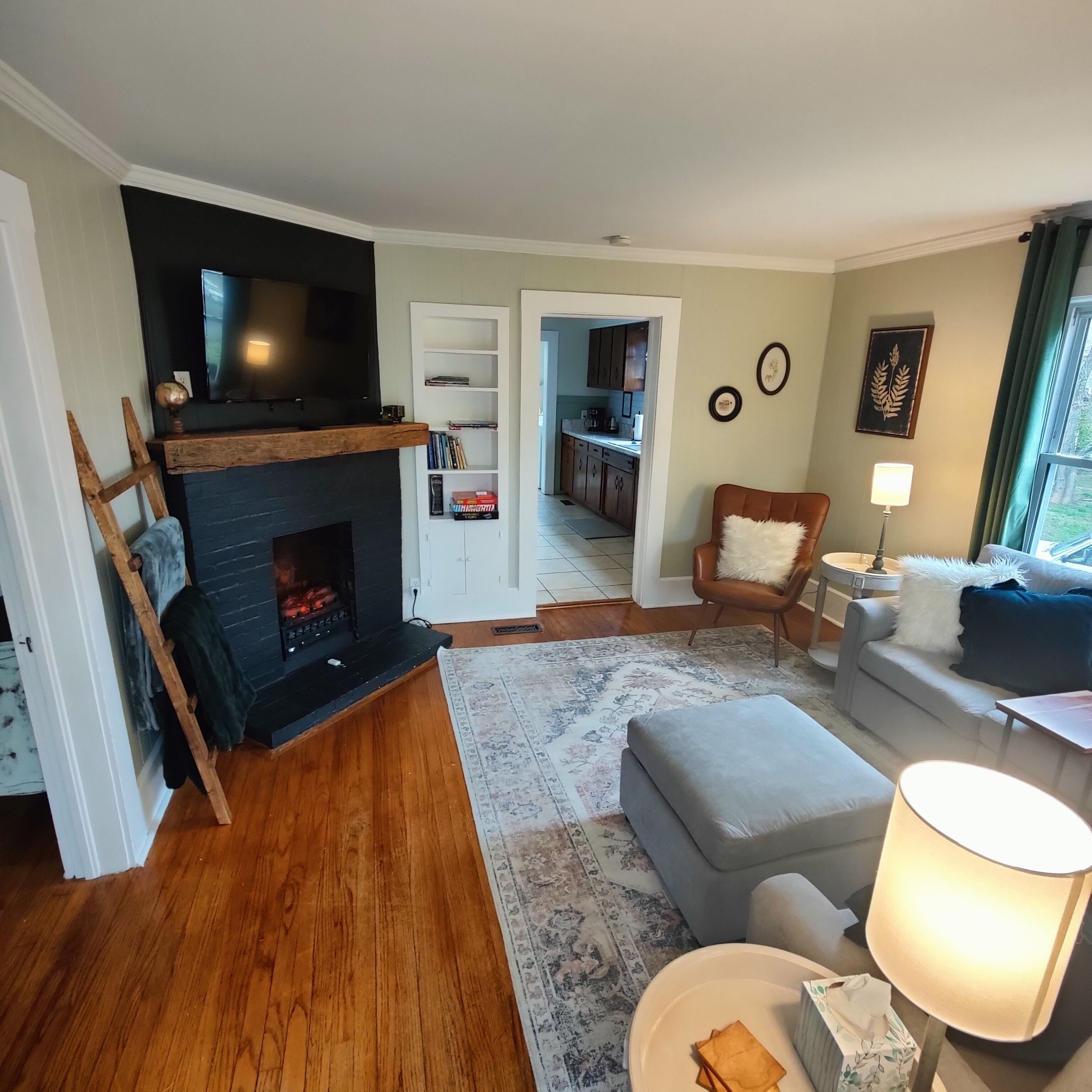 Smart TV, fireplace, books