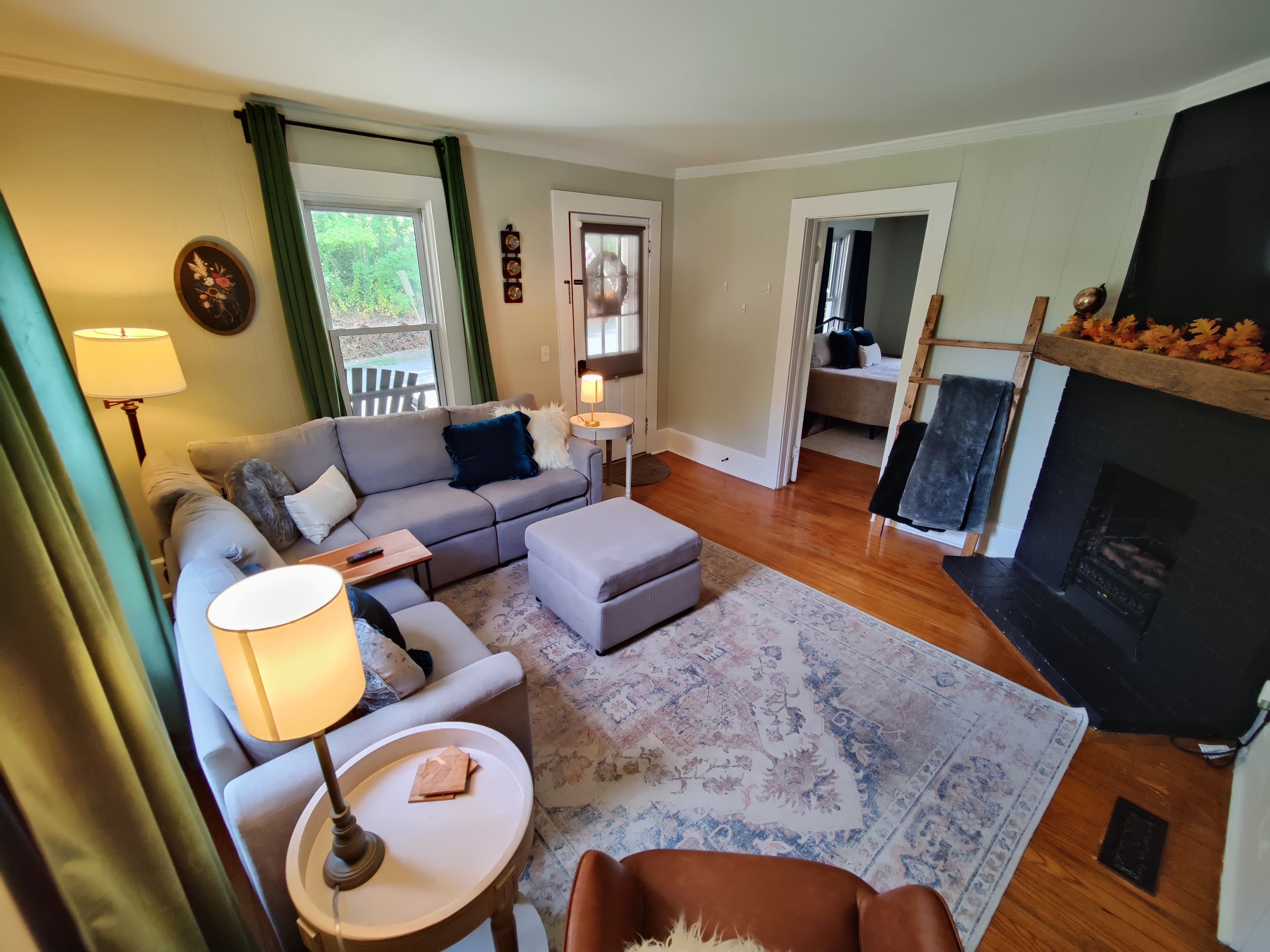 Smart TV, fireplace, books