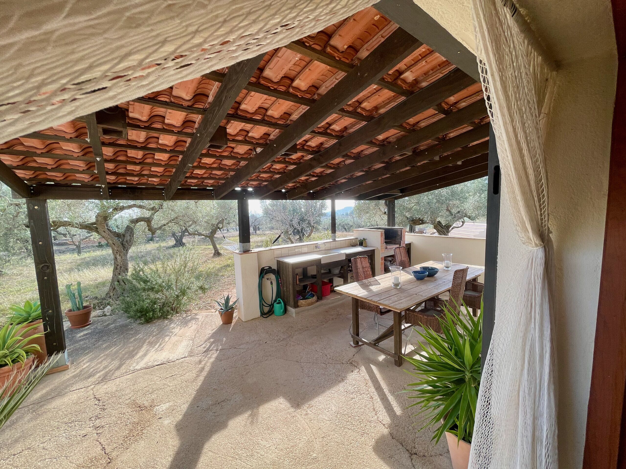 Une terrasse extérieure avec une table et des chaises en bois, un barbecue et des plantes en pot.
