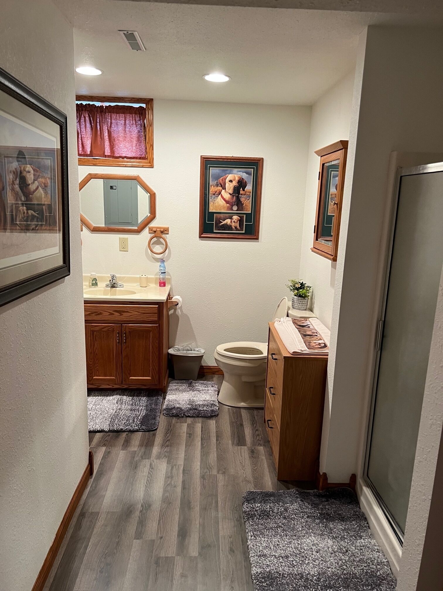 A compact bathroom with a wooden vanity, a toilet, and a framed dog picture on the wall.