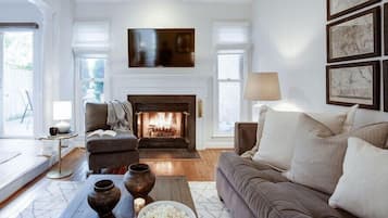 Smart TV, chimenea y libros