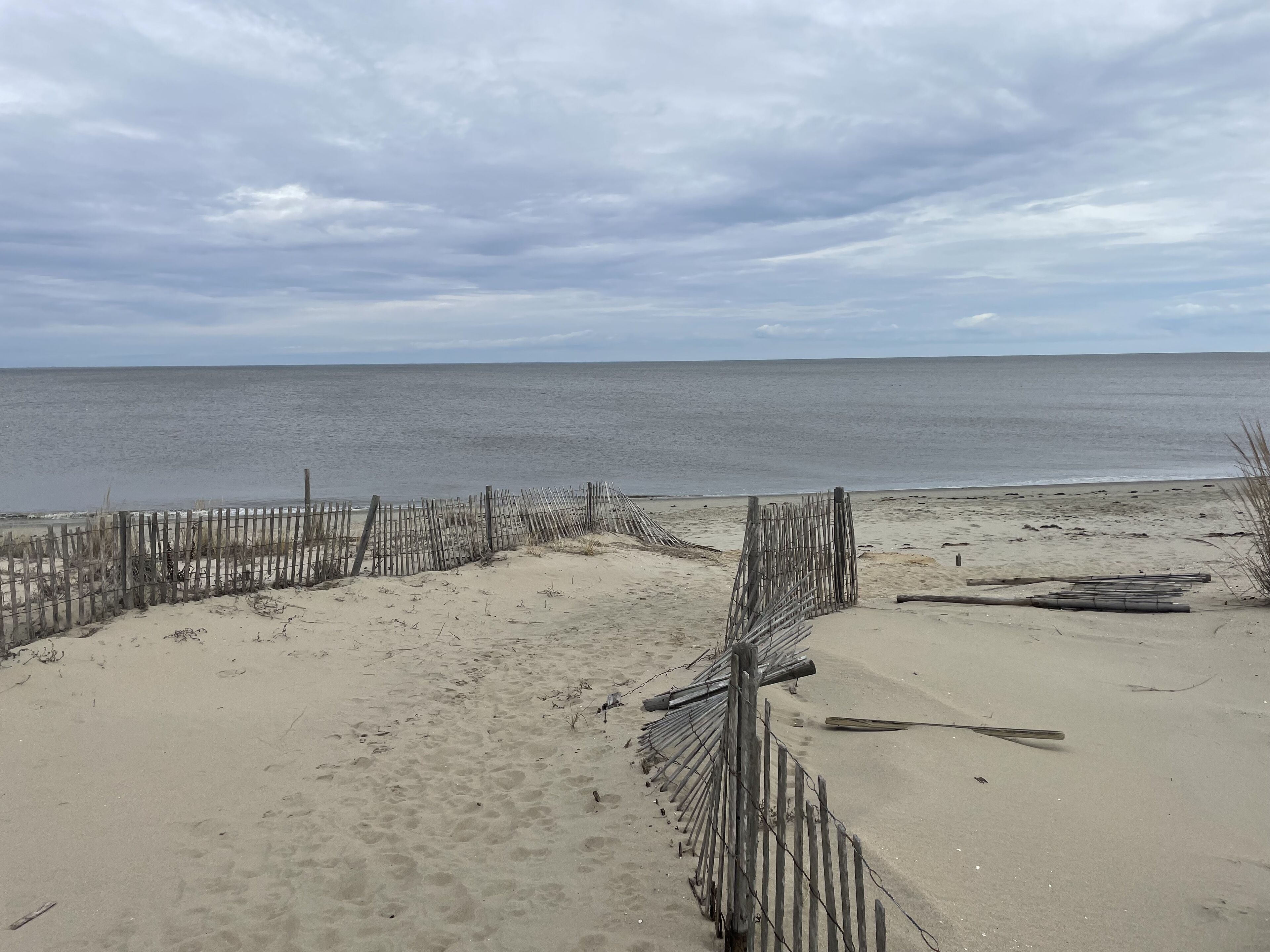 Una playa arenosa con una valla de madera y algo de madera a la orilla.