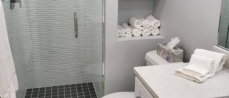 Ducha, secador de pelo, toallas, papel higiénico