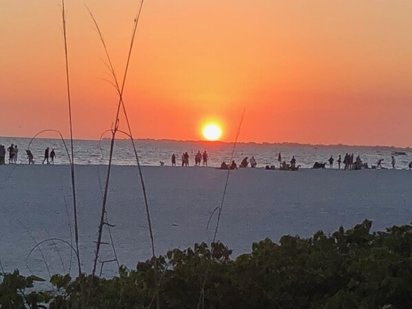 Eine Szene am Strand mit Menschen, die laufen und sitzen, und der Sonne, die über dem Wasser untergeht.