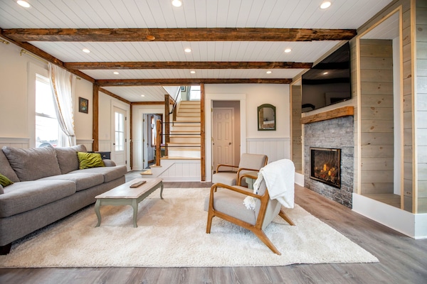 TV, fireplace, books