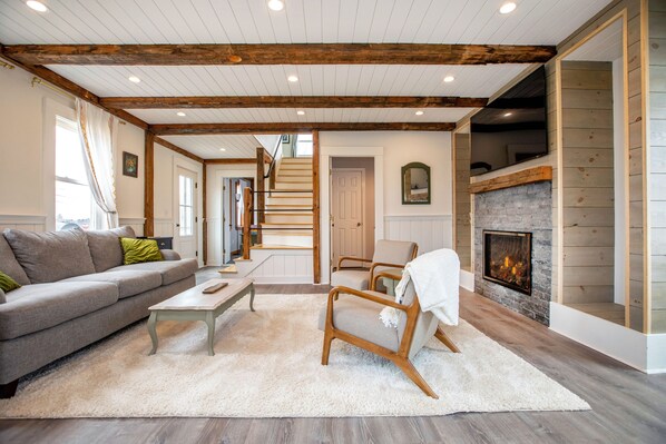 TV, fireplace, books