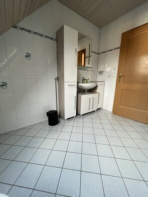 Dusche, Haartrockner, Handtücher, Toilettenpapier